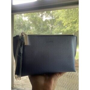 LA MER Metallic Blue Saffiano Cosmetic Zipper Bag NEW
